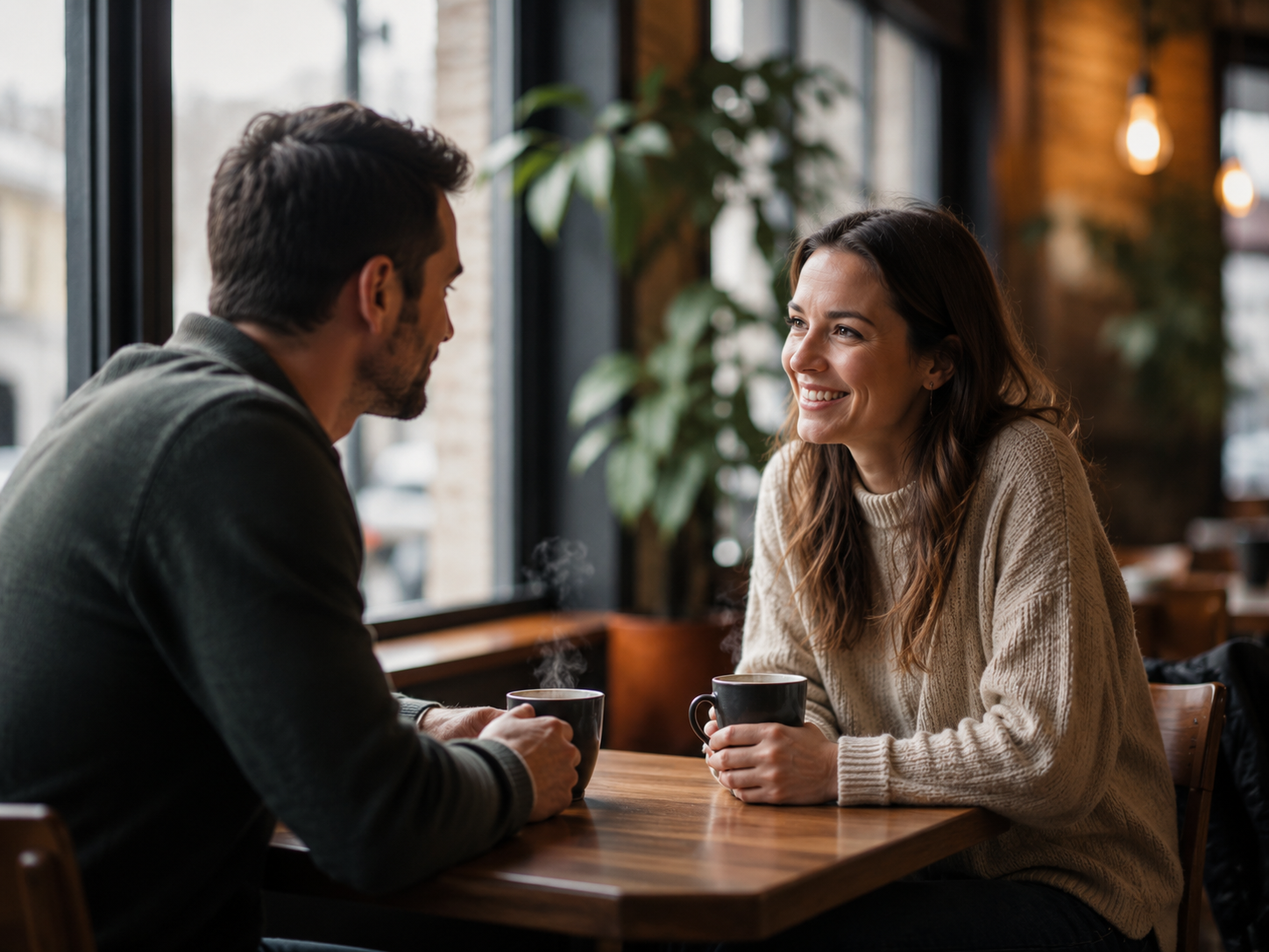 Two people meeting at a café for a first date