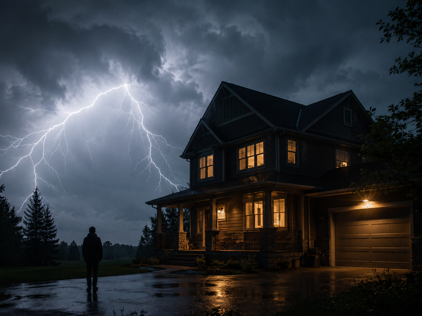 Person alone at home during a storm, looking out the window