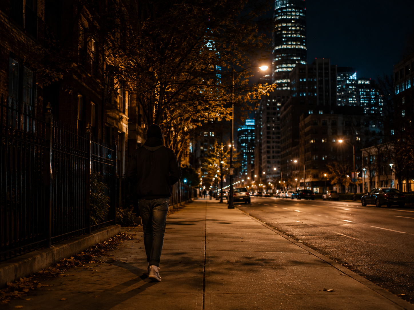 Person walking alone on an empty city street at night