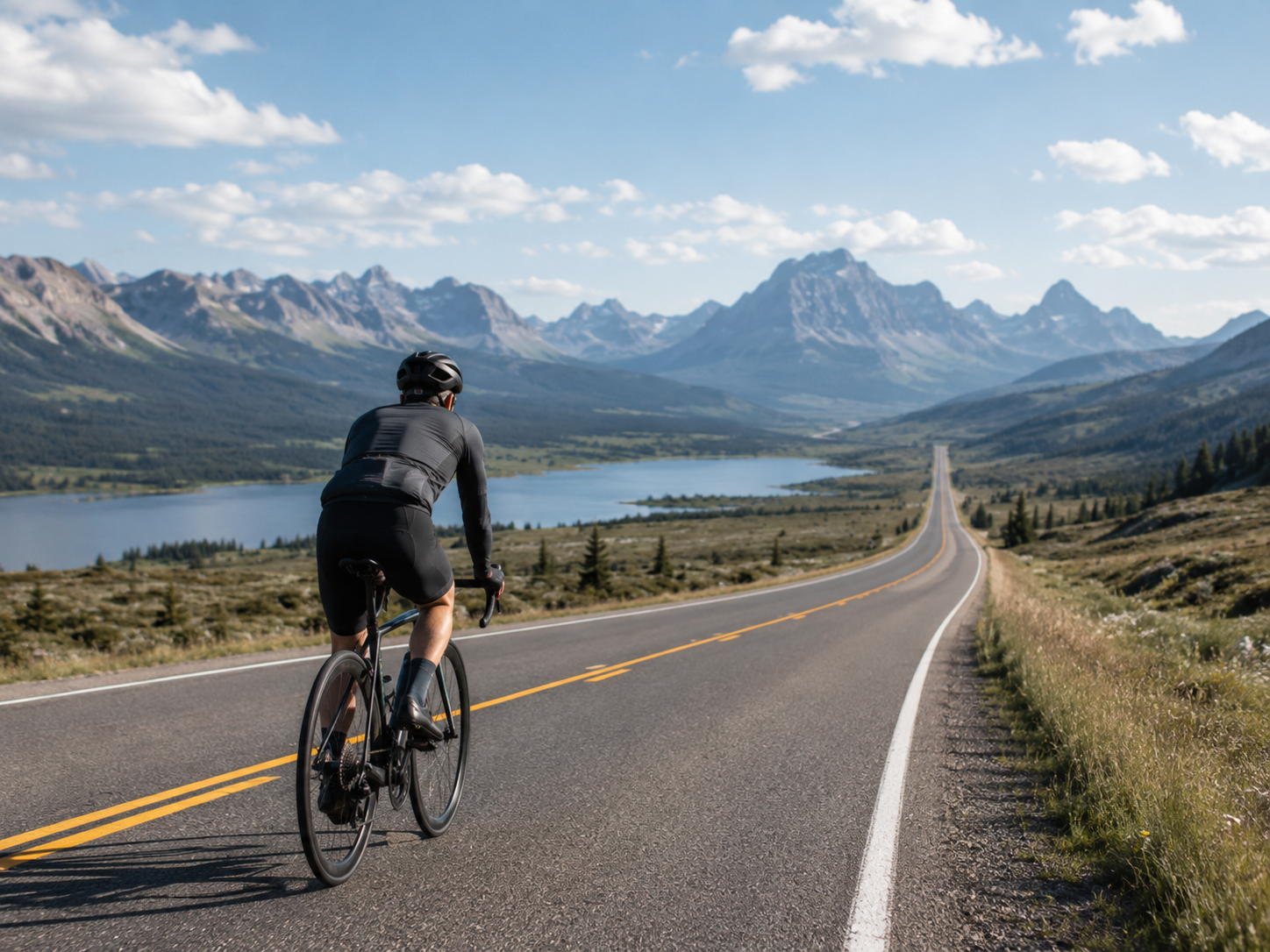 Cyclist riding solo on a quiet rural road