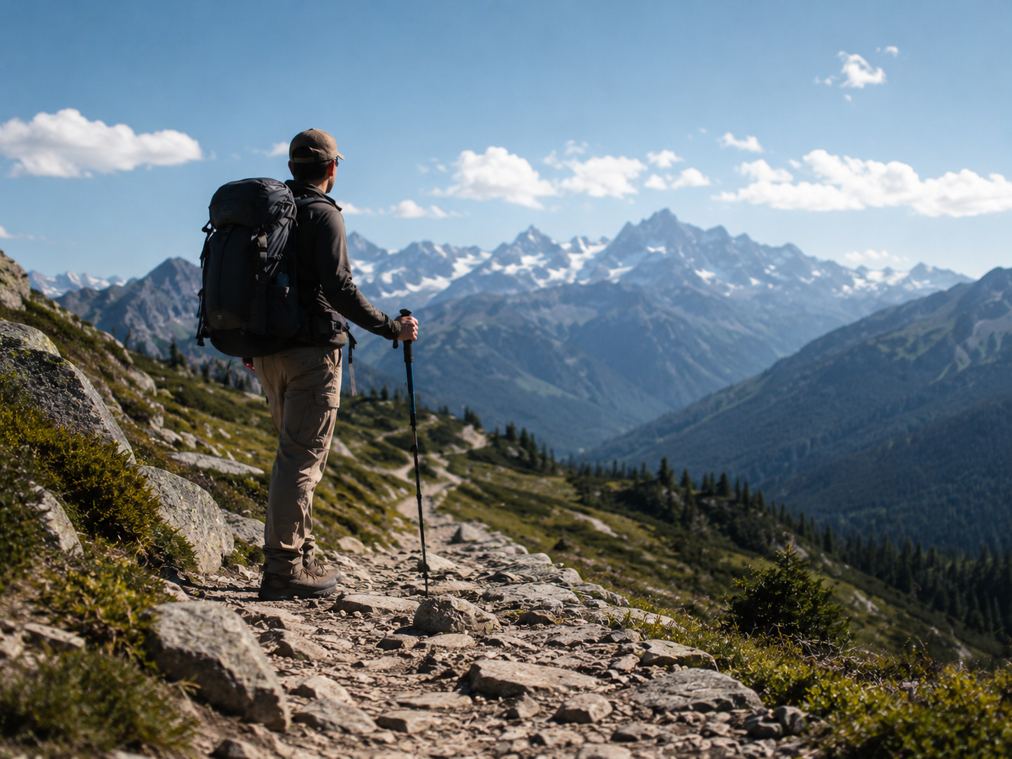Hiker on a remote mountain trail surrounded by forest