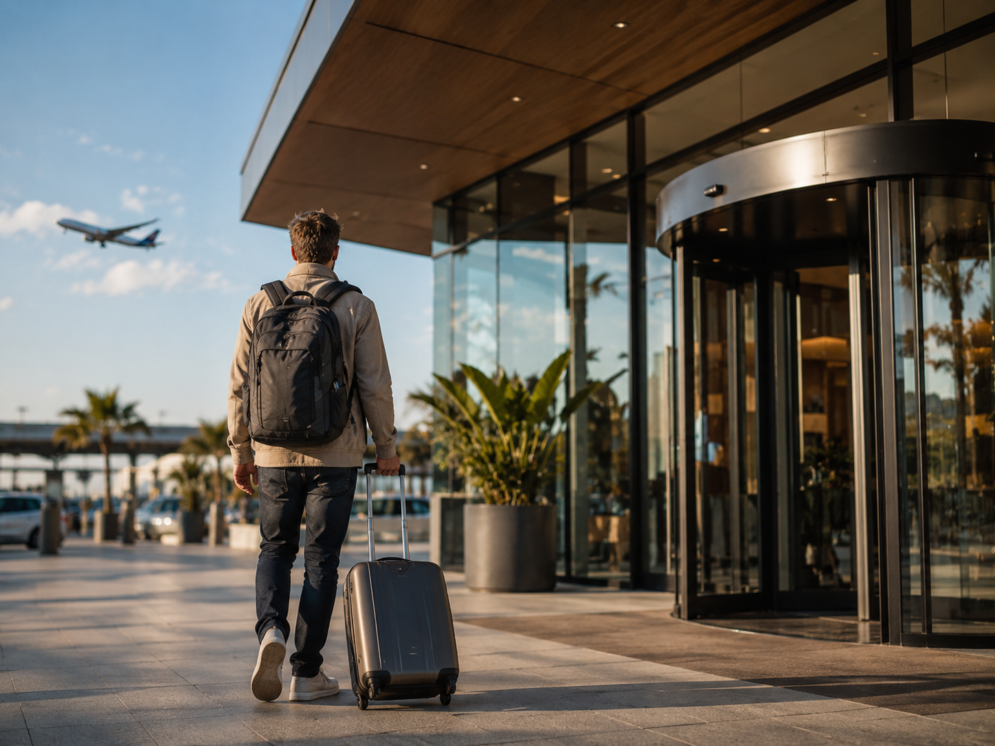 Solo traveller with luggage arriving at a hotel late at night