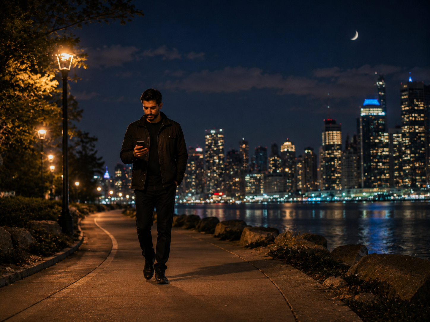 Person walking alone at night on a city street