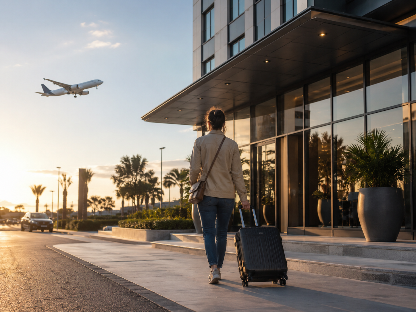 Solo traveller arriving in a new city with luggage
