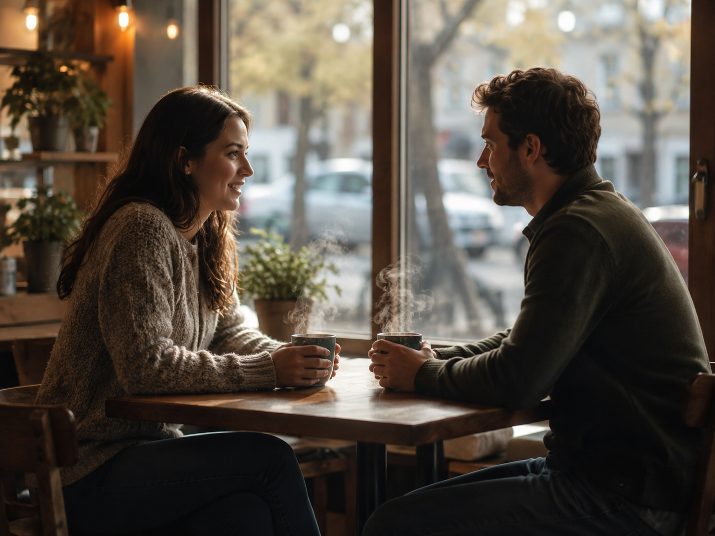 Two people meeting for the first time at a café